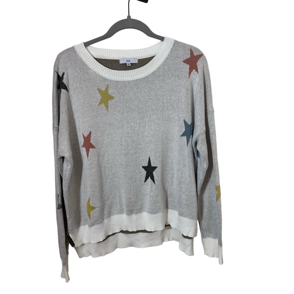 Fate Sweaters - Fate Multi-Color Stars on Gray White Trim Crew Neck Knit Sweater Size S